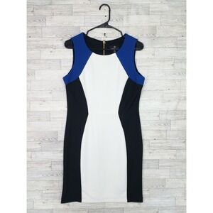 Women's Ronni Nicole White Black Blue Colorblock Sheath Dress Formal Work Size 8